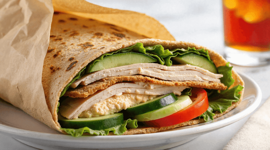 Turkey & hummus wrap packed with fresh lettuce, cucumber, tomato, and lean deli turkey in a whole wheat tortilla