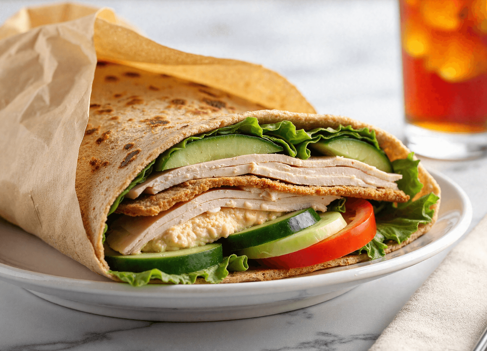 Turkey & hummus wrap packed with fresh lettuce, cucumber, tomato, and lean deli turkey in a whole wheat tortilla