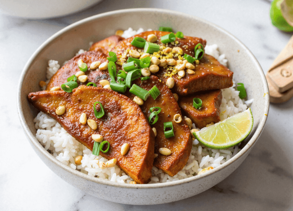 lime pork served over coconut rice in a shallow bowl topped with green onions, toasted pine nuts, and a wedge of lime.