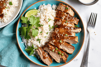 Sliced ginger lime pork loin drizzled with sticky glaze, plated next to fluffy coconut rice with fresh herbs and a lime wedge.