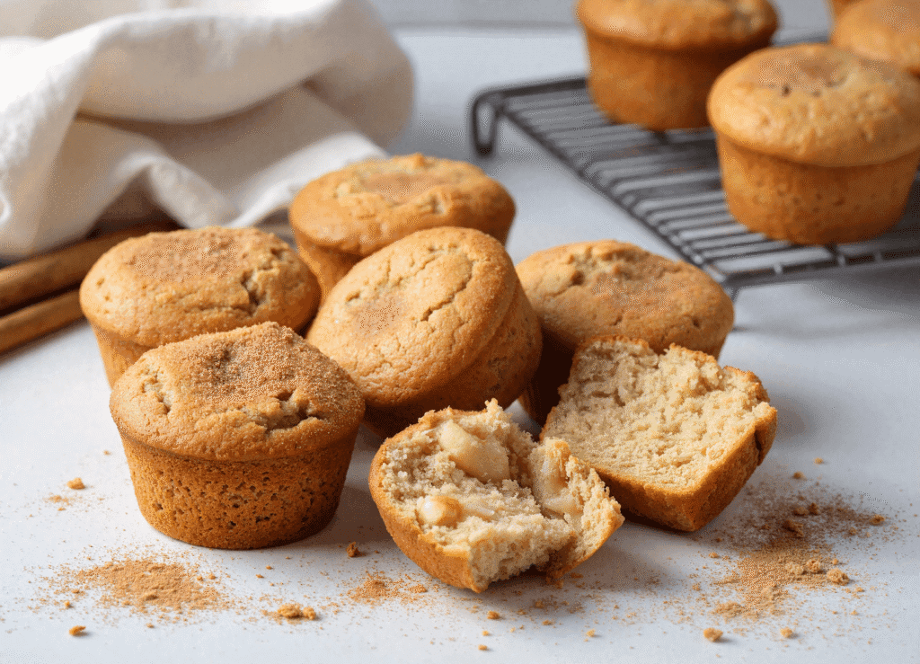 Apple cinnamon muffins on a cooling rack, with one muffin cut open to reveal moist interior and fruit pieces.