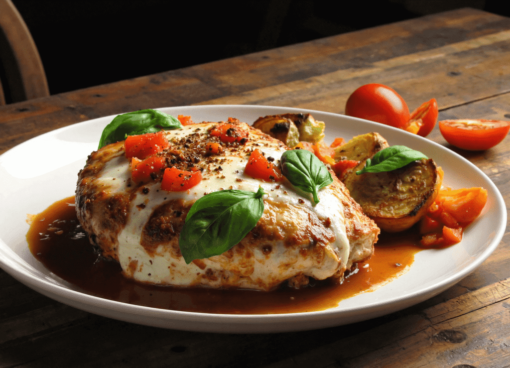Juicy oven-baked chicken breast smothered in mozzarella cheese, topped with diced tomatoes and basil, and served with roasted vegetables in a rich balsamic sauce.