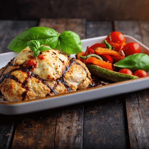 Juicy balsamic baked chicken breast topped with melted mozzarella cheese, drizzled with balsamic glaze, and served with roasted vegetables and fresh basil.