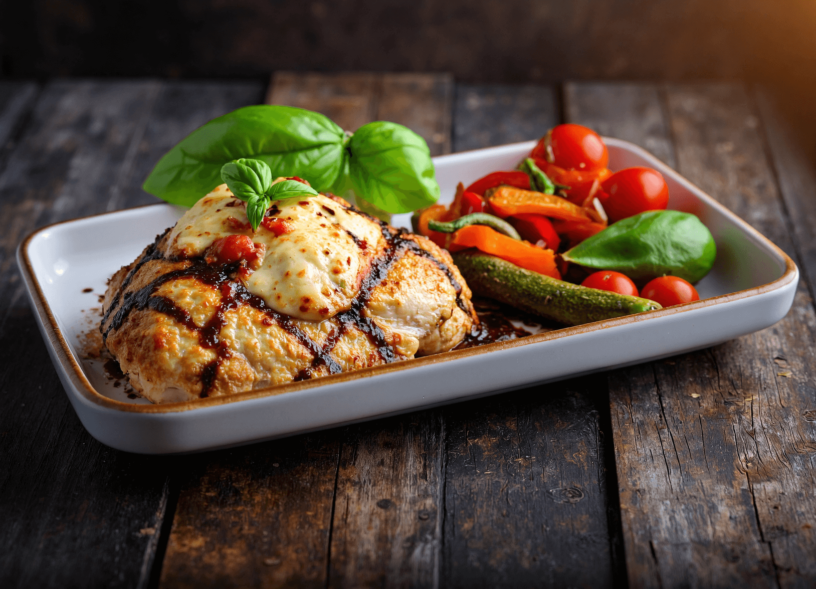 Juicy balsamic baked chicken breast topped with melted mozzarella cheese, drizzled with balsamic glaze, and served with roasted vegetables and fresh basil.