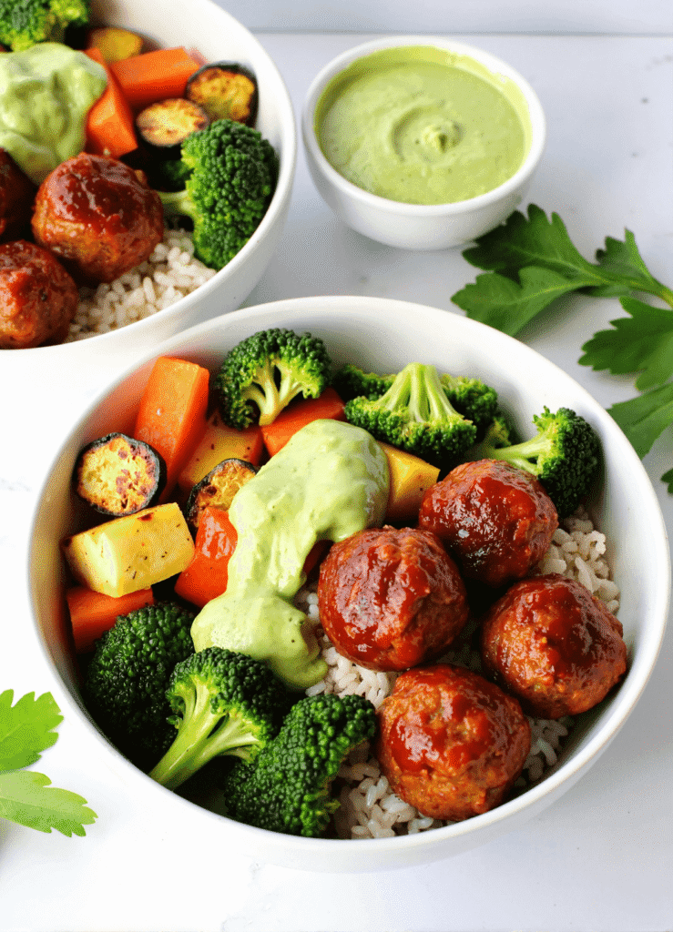 Easy meal prep barbecue meatball bowls with broccoli, roasted vegetables, rice, and creamy avocado goddess dressing.
