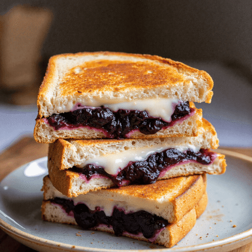 Melted brie and blackberry preserves grilled cheese sandwich stacked on a plate with golden crispy bread.