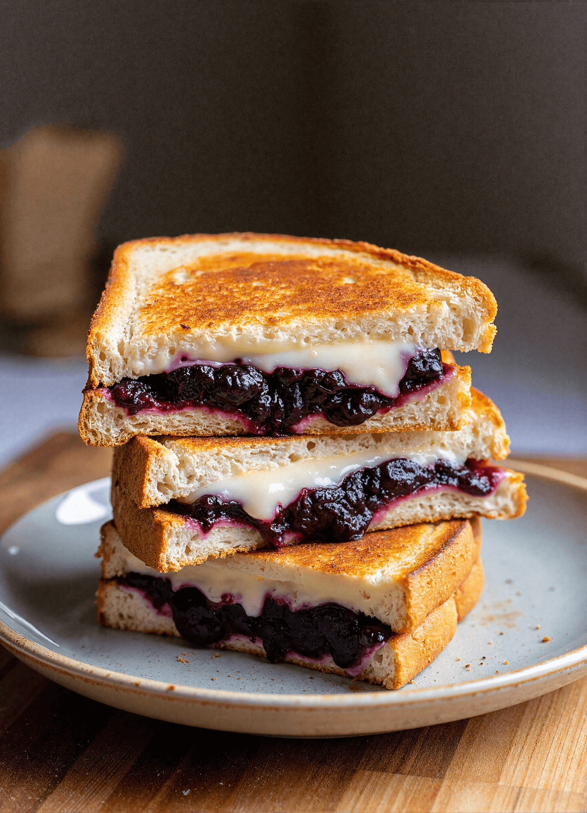 Melted brie and blackberry preserves grilled cheese sandwich stacked on a plate with golden crispy bread.