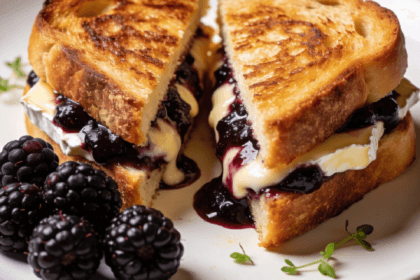 Blackberry balsamic and brie grilled cheese sandwich with melted brie and berry glaze on toasted artisan bread