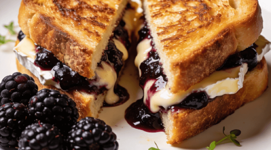 Blackberry balsamic and brie grilled cheese sandwich with melted brie and berry glaze on toasted artisan bread