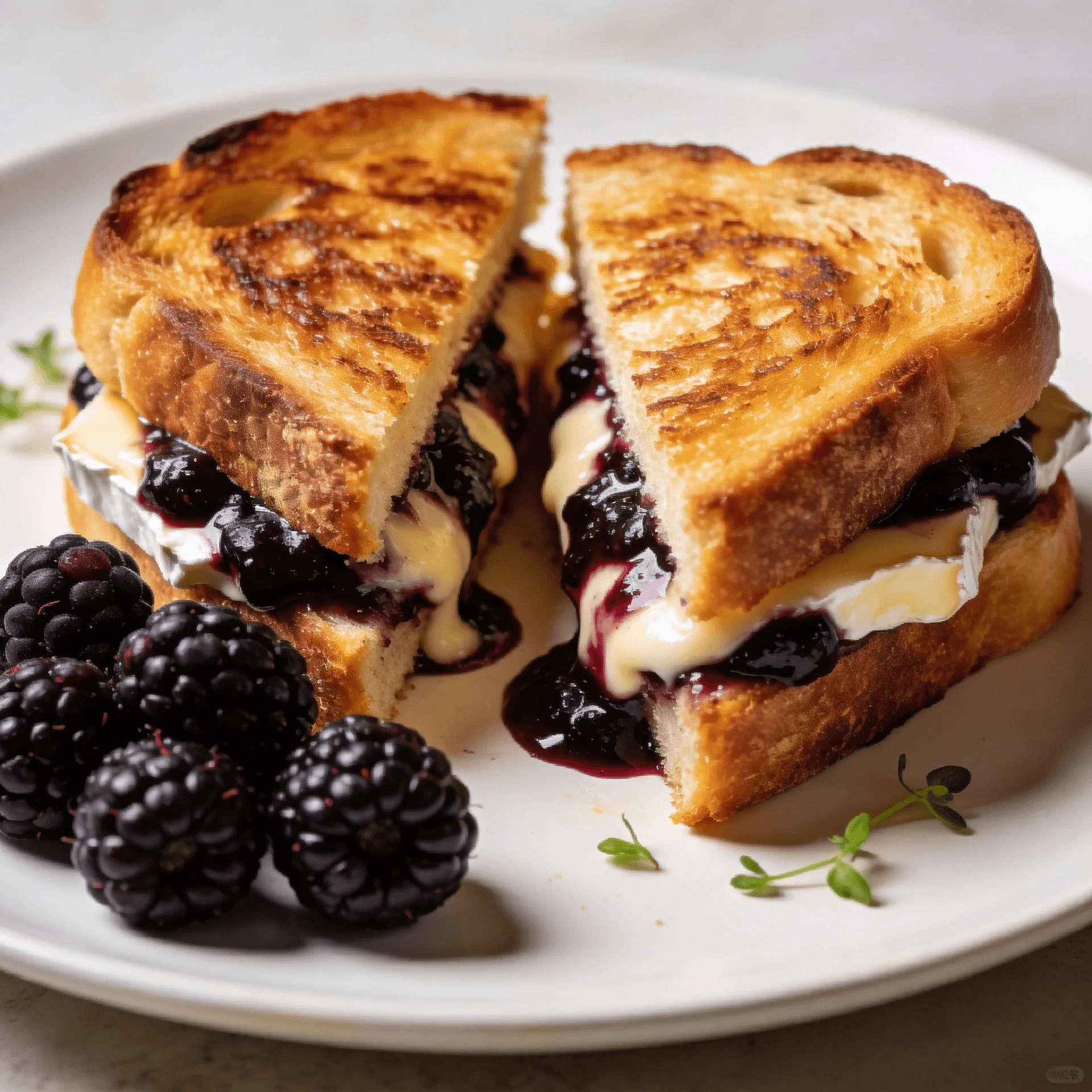 Blackberry balsamic and brie grilled cheese sandwich with melted brie and berry glaze on toasted artisan bread