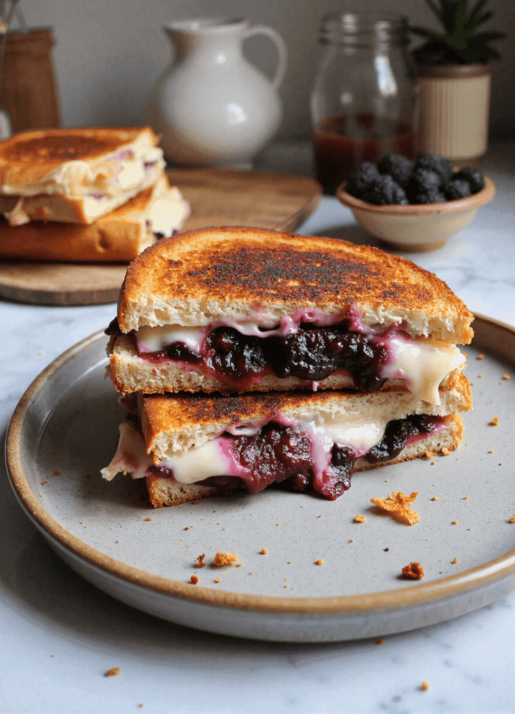 Stacked brie and blackberry grilled cheese sandwich with balsamic drizzle, served on a rustic ceramic plate.