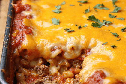 Baked cheese hamburger casserole with ground beef, pasta, marinara sauce, and melted cheddar topping in a black baking pan.