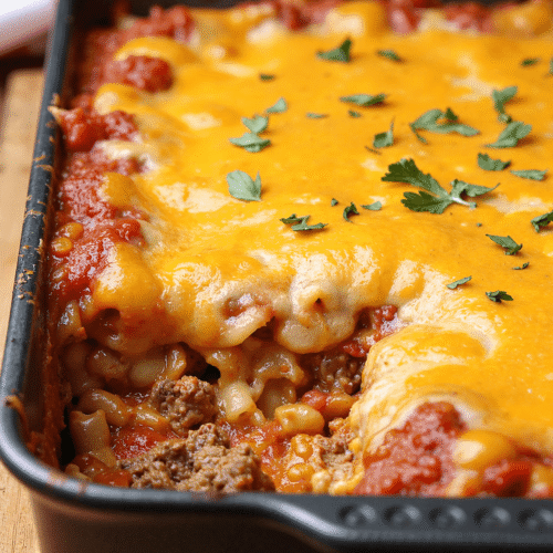 Baked cheese hamburger casserole with ground beef, pasta, marinara sauce, and melted cheddar topping in a black baking pan.