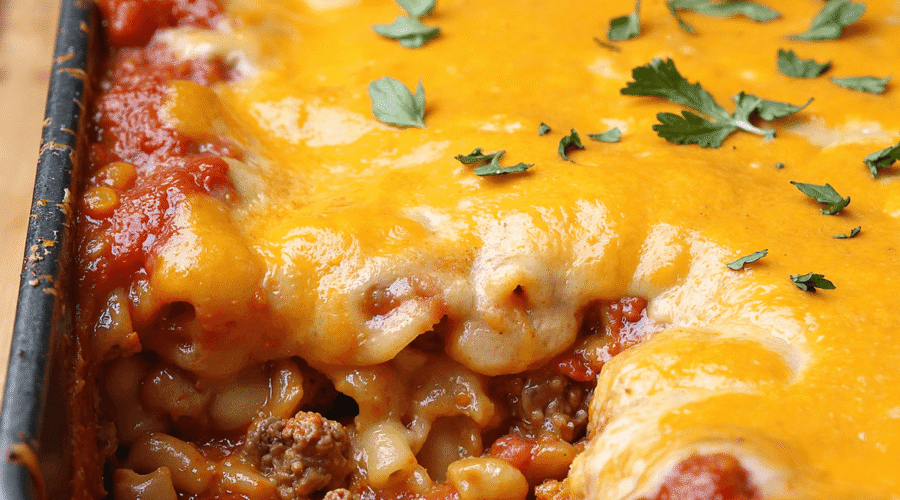 Baked cheese hamburger casserole with ground beef, pasta, marinara sauce, and melted cheddar topping in a black baking pan.
