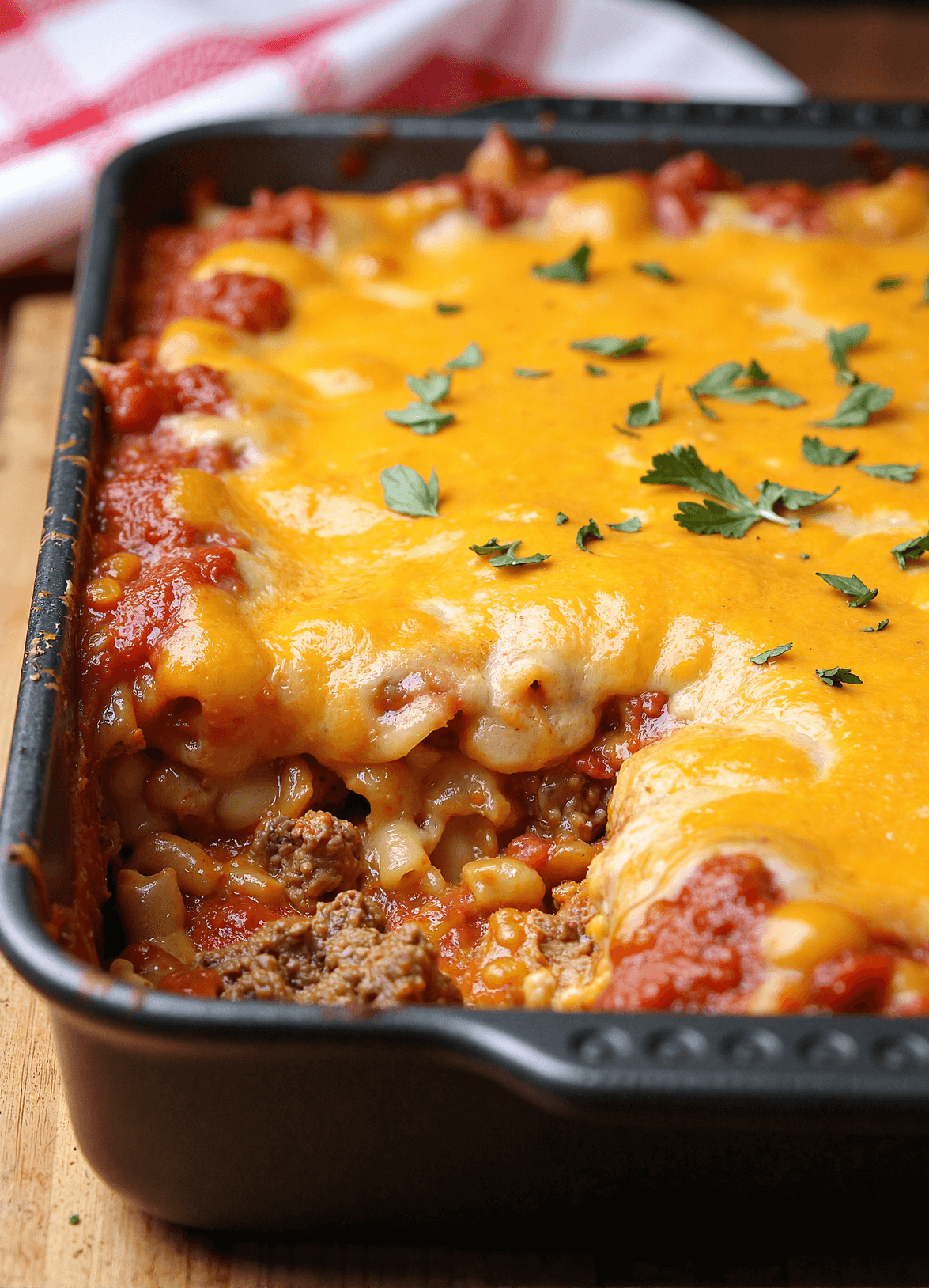 Baked cheese hamburger casserole with ground beef, pasta, marinara sauce, and melted cheddar topping in a black baking pan.