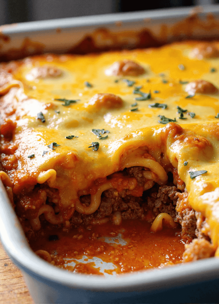 Sliced serving of cheesy hamburger pasta bake with layers of beef, noodles, and marinara topped with melted mozzarella and cheddar.