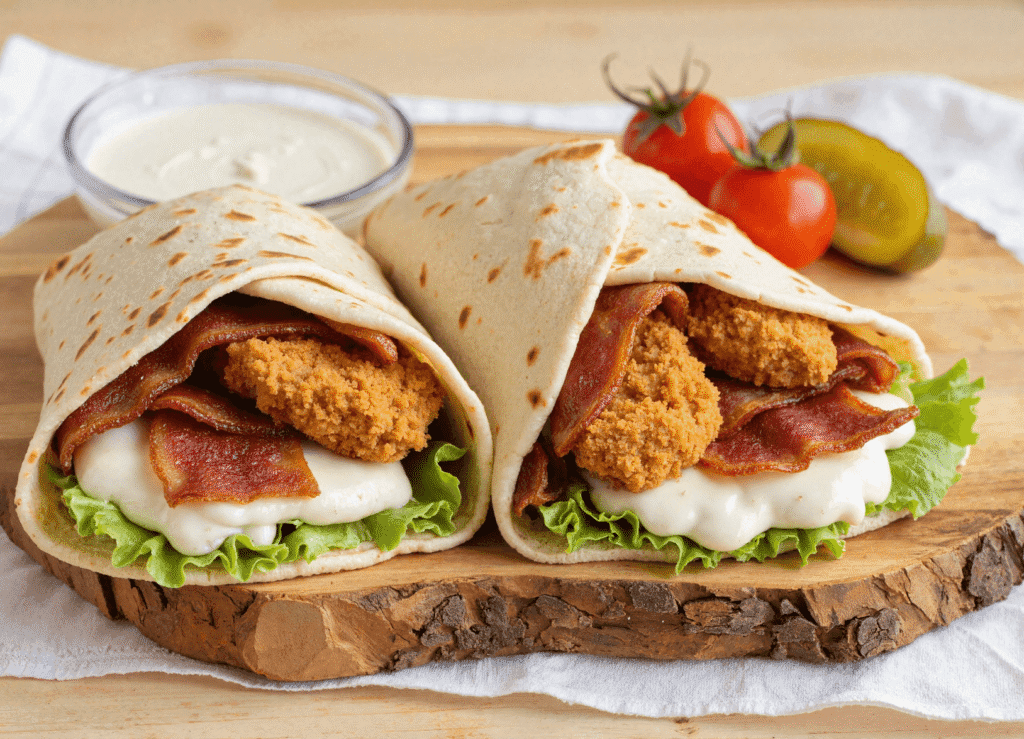 Close-up of two chicken bacon ranch wraps with crispy chicken, melted cheese, ranch, and lettuce on a wooden board with tomatoes and pickles in the background.
