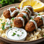 Chicken kofta skewers served over cauliflower rice, drizzled with garlic yogurt sauce and garnished with parsley and lemon.