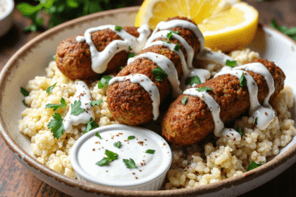 Chicken kofta skewers served over cauliflower rice, drizzled with garlic yogurt sauce and garnished with parsley and lemon.