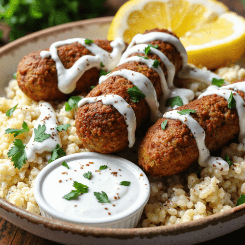Chicken kofta skewers served over cauliflower rice, drizzled with garlic yogurt sauce and garnished with parsley and lemon.