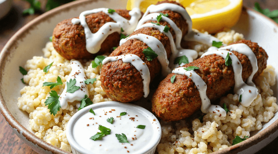 Chicken kofta skewers served over cauliflower rice, drizzled with garlic yogurt sauce and garnished with parsley and lemon.