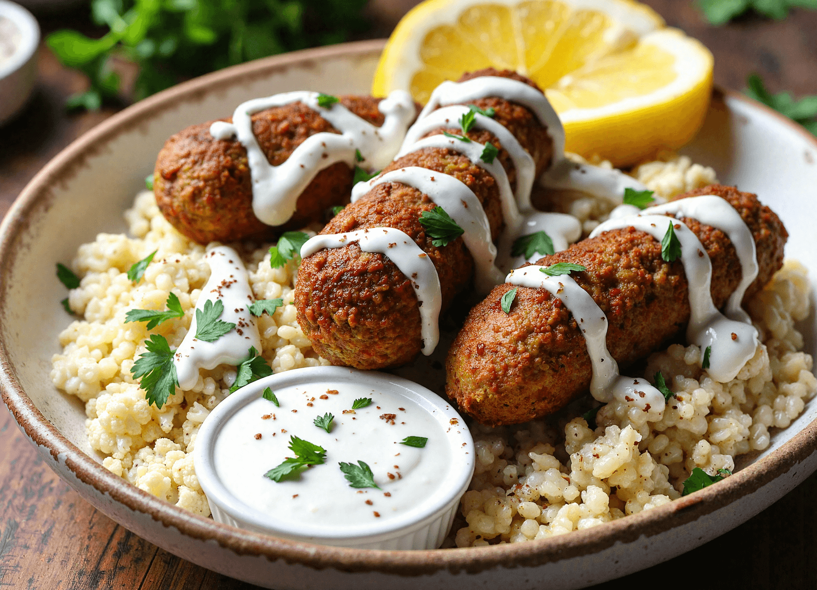 Chicken kofta skewers served over cauliflower rice, drizzled with garlic yogurt sauce and garnished with parsley and lemon.
