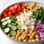 Chickpea cucumber feta salad in a rustic bowl with cherry tomatoes, parsley, onions, and olive oil.