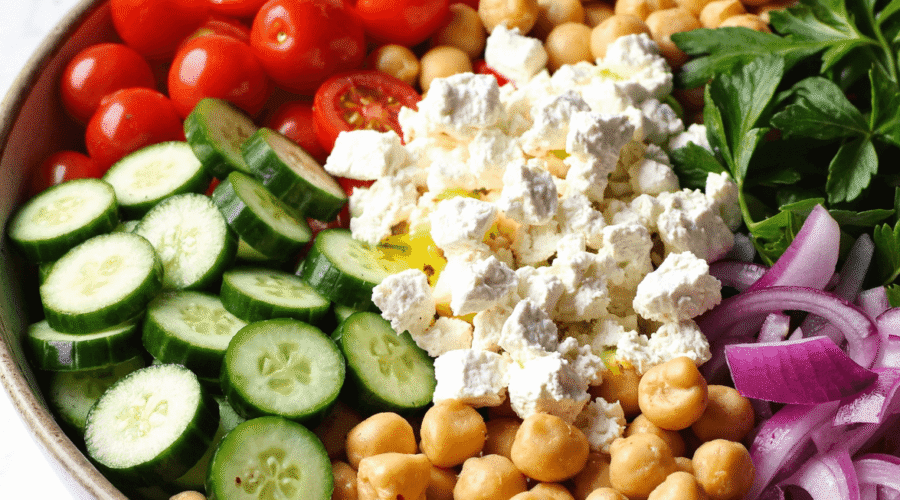 Chickpea cucumber feta salad in a rustic bowl with cherry tomatoes, parsley, onions, and olive oil.