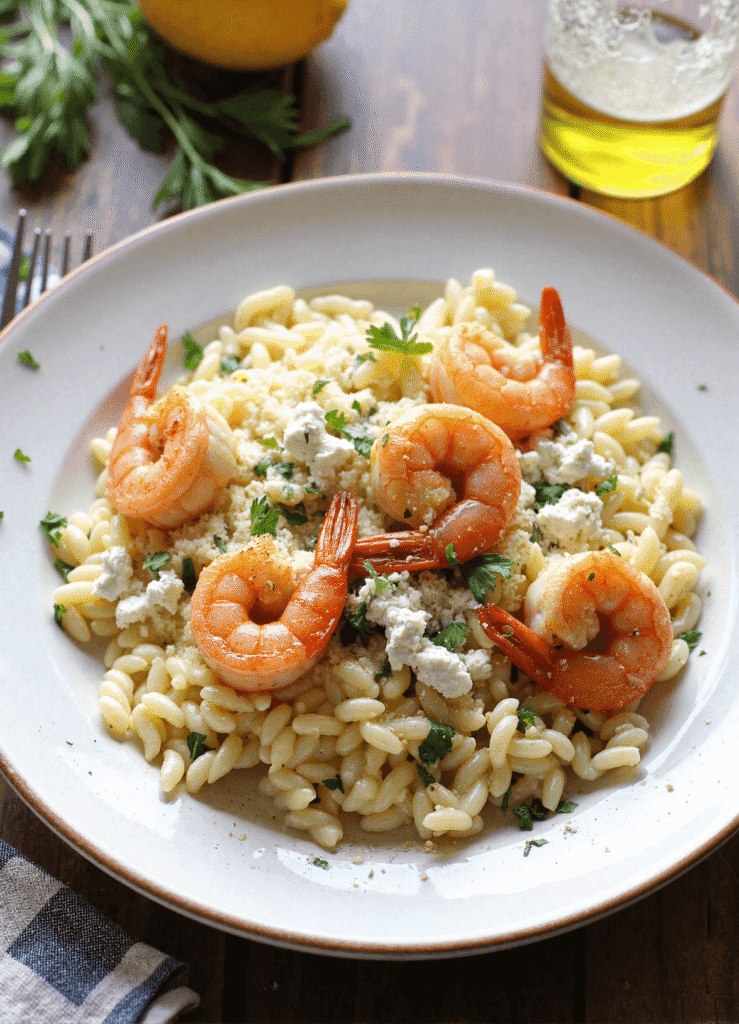 Mediterranean shrimp with creamy lemon orzo and feta cheese on a white dinner plate.