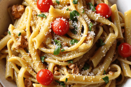 High-protein vegan pasta with cherry tomatoes, fresh herbs, and dairy-free parmesan served in a white bowl.