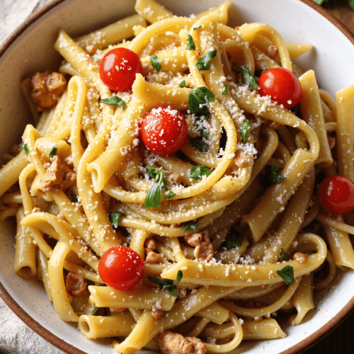 High-protein vegan pasta with cherry tomatoes, fresh herbs, and dairy-free parmesan served in a white bowl.