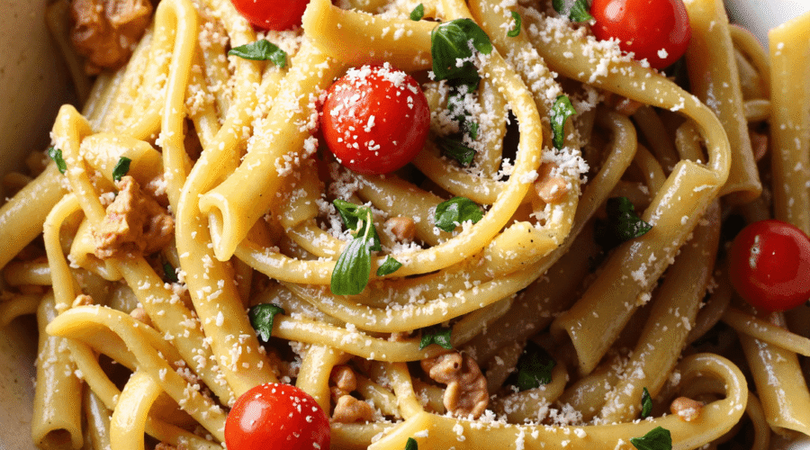 High-protein vegan pasta with cherry tomatoes, fresh herbs, and dairy-free parmesan served in a white bowl.