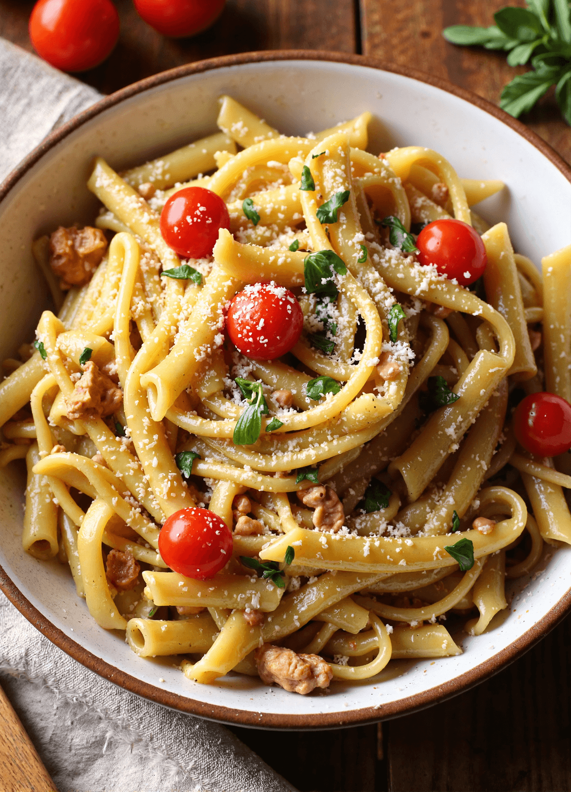 High-protein vegan pasta with cherry tomatoes, fresh herbs, and dairy-free parmesan served in a white bowl.