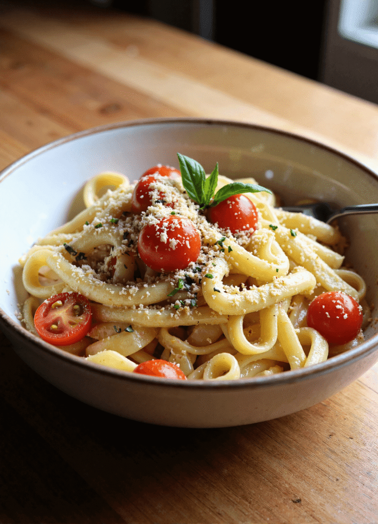 Bowl of creamy plant-based vegan pasta with cherry tomatoes, fresh basil, and dairy-free parmesan.