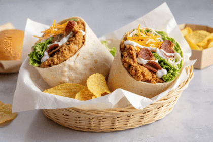 Two halved chicken bacon ranch wraps with crispy chicken, smoky bacon, fresh lettuce, shredded cheese, and creamy ranch dressing in a woven basket with potato chips.