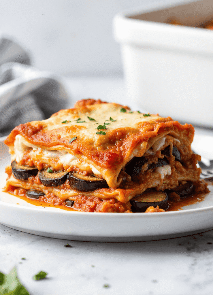 Gluten-free eggplant lasagna with layers of eggplant, cheese, and tomato sauce served on a white plate.