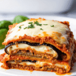 A slice of eggplant lasagna layered with roasted eggplant, melted cheese, rich tomato sauce, and fresh herbs.