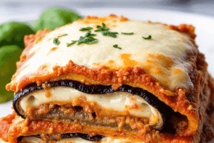 A slice of eggplant lasagna layered with roasted eggplant, melted cheese, rich tomato sauce, and fresh herbs.