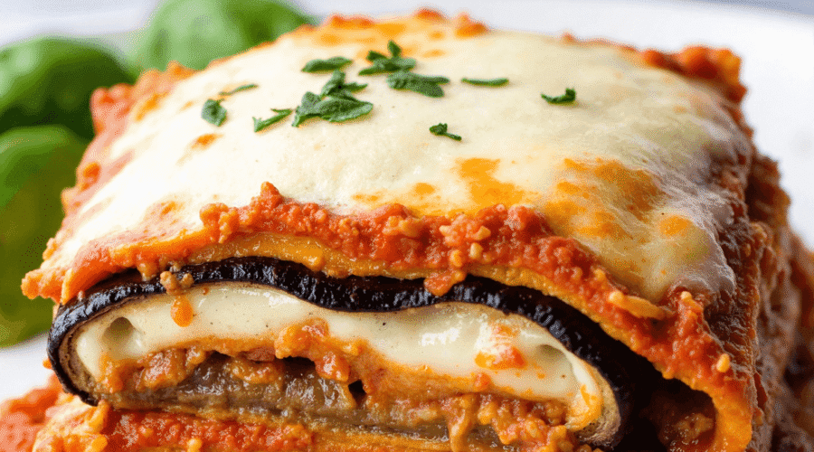 A slice of eggplant lasagna layered with roasted eggplant, melted cheese, rich tomato sauce, and fresh herbs.