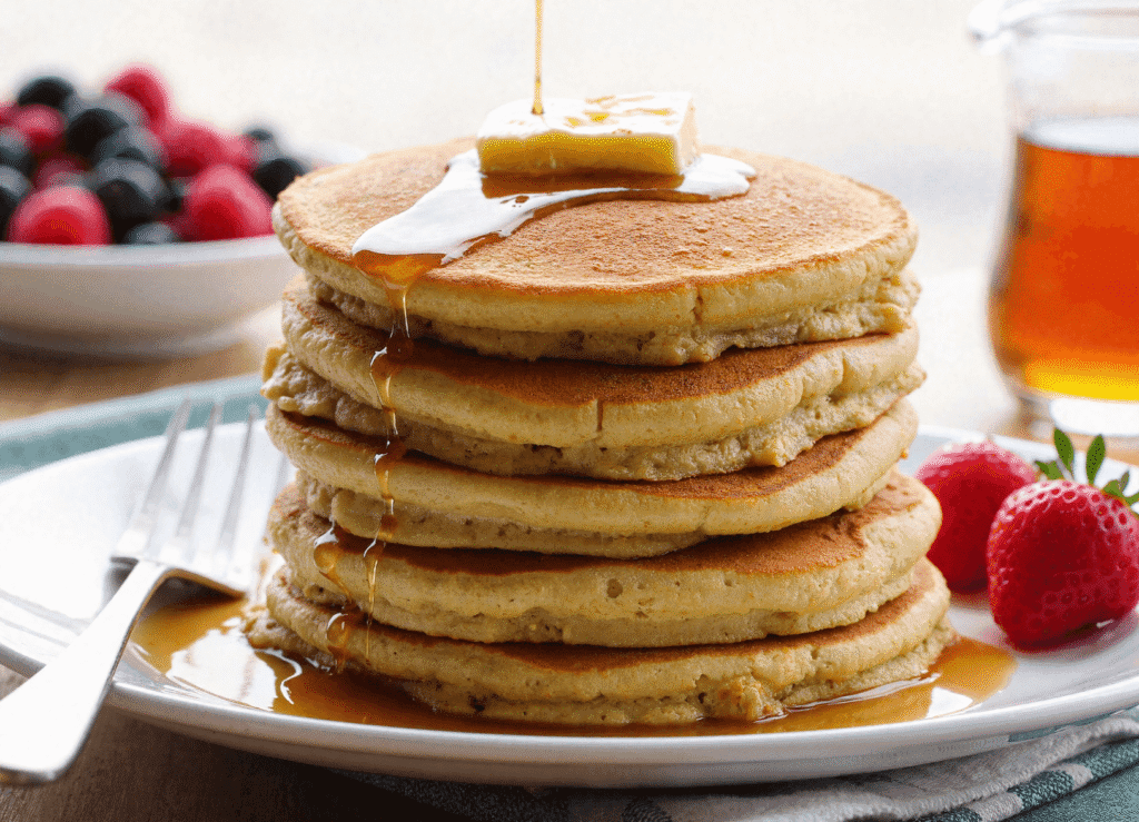 Close-up of a tall pancake stack with melted butter and syrup, served with strawberries on a white plate.