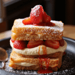 A decadent stack of fried strawberry cheesecake sandwiches layered with golden crispy bread, creamy cheesecake filling, fresh strawberries, and a drizzle of strawberry sauce, dusted with powdered sugar.
