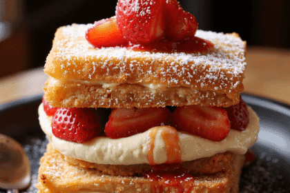 A decadent stack of fried strawberry cheesecake sandwiches layered with golden crispy bread, creamy cheesecake filling, fresh strawberries, and a drizzle of strawberry sauce, dusted with powdered sugar.