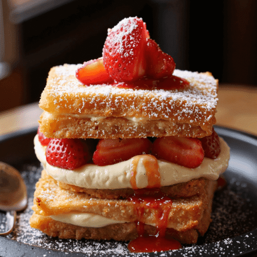 A decadent stack of fried strawberry cheesecake sandwiches layered with golden crispy bread, creamy cheesecake filling, fresh strawberries, and a drizzle of strawberry sauce, dusted with powdered sugar.