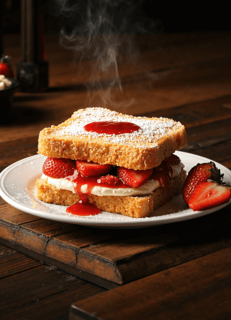 A warm fried strawberry cheesecake sandwich on a white plate, filled with creamy cheesecake, fresh strawberries, and strawberry sauce, sprinkled with powdered sugar.
