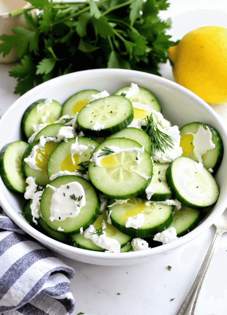 Cucumber salad with Greek yogurt, olive oil, dill, and parsley in a white bowl.