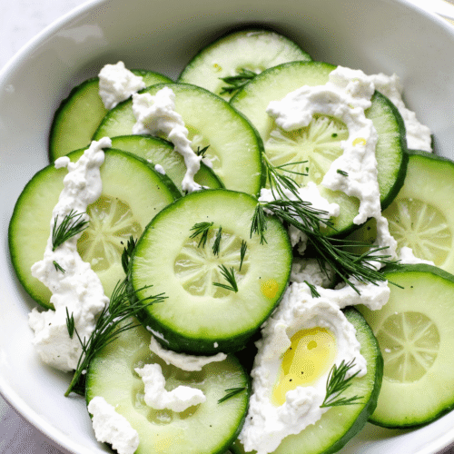 Bowl of cucumber slices with creamy Greek yogurt, fresh dill, and olive oil.