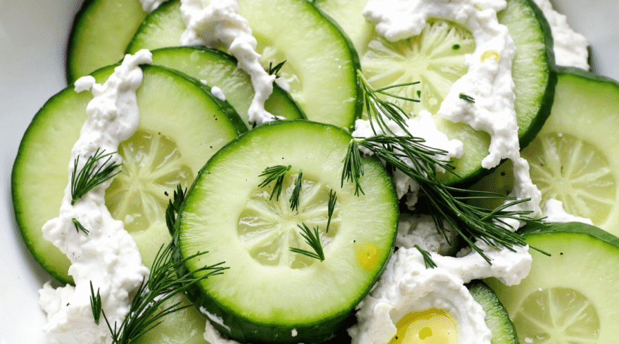 Bowl of cucumber slices with creamy Greek yogurt, fresh dill, and olive oil.
