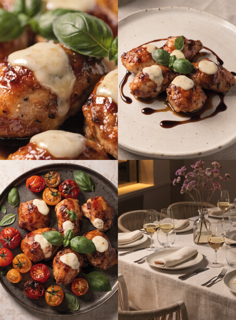 Collage featuring multiple views of balsamic baked chicken breast with mozzarella, basil, roasted tomatoes, and balsamic glaze.