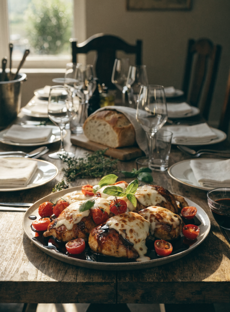 Balsamic baked chicken breast with mozzarella served as the centerpiece of an Italian-inspired dinner table.