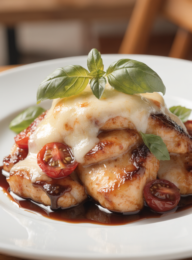 Front-view plated balsamic baked chicken breast with melted mozzarella cheese and basil garnish on a white dinner plate.